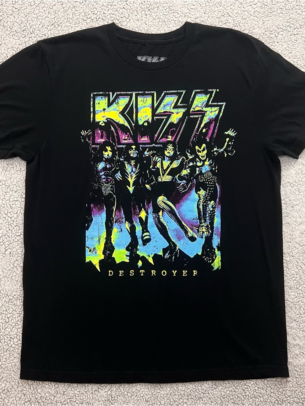 KISS "Destroyer" album artwork in a neon color scheme black graphic tee